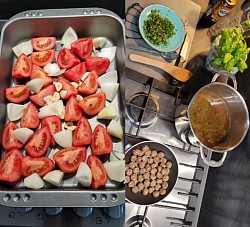 Soep van gegrilde tomaten en uien